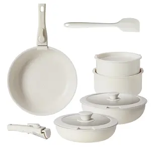 12pcs Non-Stick Cookware Set, Pots and Pans Set, with Spatula & Detachable Handle for Kitchen, Beige