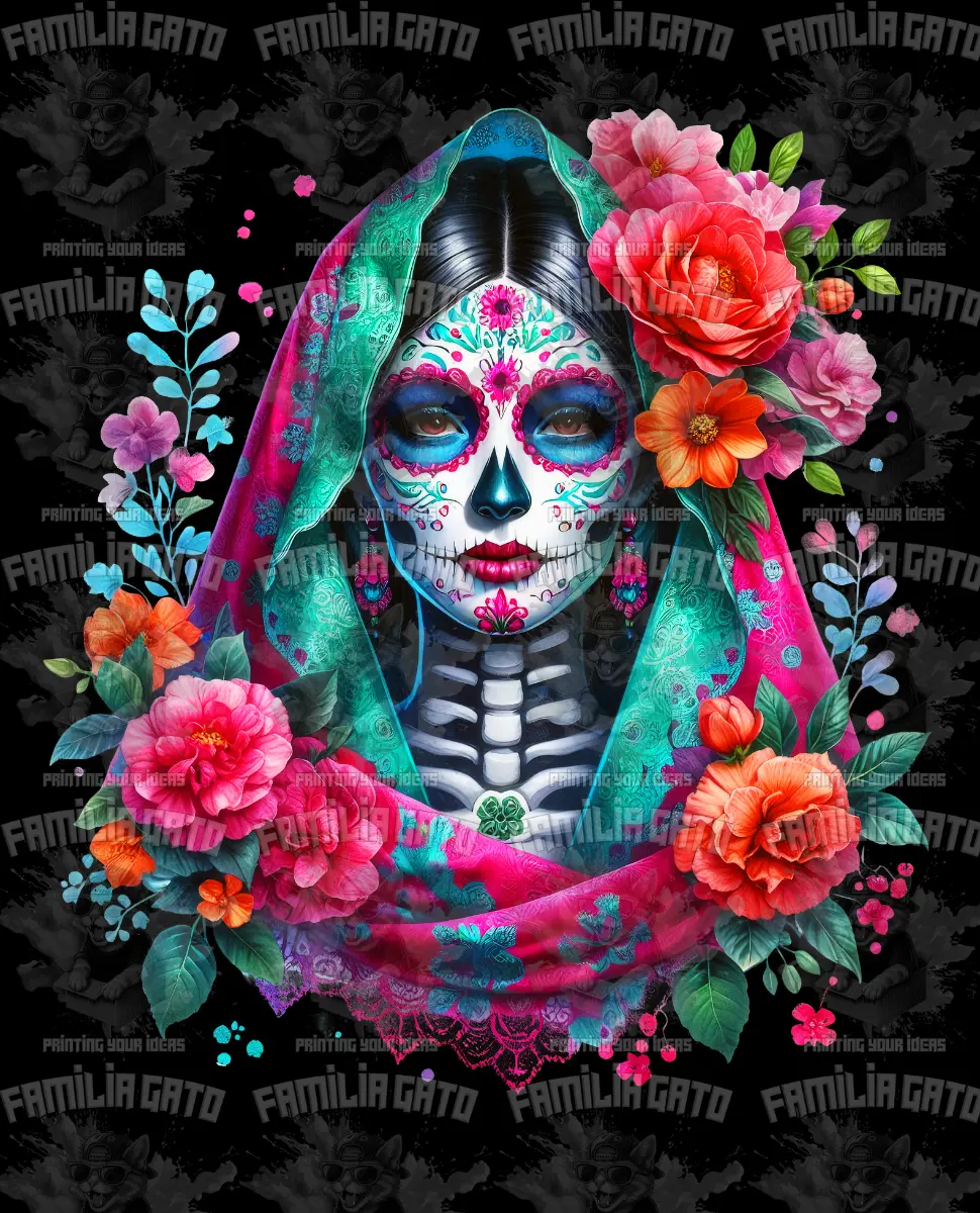 Hooded Teal Catrina DTF Transfer Craft Supply - DIY Material, Customizable Design, Durable Quality, Hot Peel Feature, Applies at 280°F with Medium-Firm Pressure for 13 Seconds