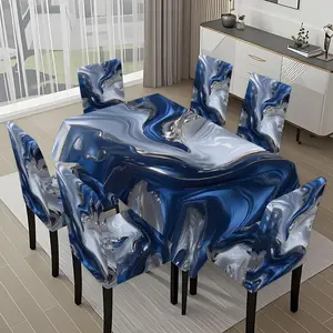 5/7-piece 2D Flat Printing Blue and Silver Flowing Texture Printing Pattern Tablecloth and Chair Cover Set, for dining table and chair decoration, perfect for home, holiday gatherings, restaurants, and parties.