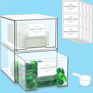 Clear Stackable Laundry Storage Drawers with Labels, Durable Dryer Sheet and Detergent Organizer, Space-Saving Dispenser for Home, Reusable Containers, Easy Assembly, Modern Decor Solution