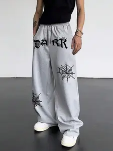 Unisex "DARK" Spider Web Graphic Wide-Leg Sweatpants – Grey & Black Print, Dark Streetwear Aesthetic, Soft Fleece Blend, Oversized Fit, Perfect for Street Style & Dark Aesthetic Fans, Durable High-Quality Print, Ideal for Daily Wear/Outings