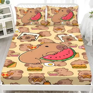 Fitted sheet and pillowcase set (3 pieces) - 2D Flat PrintingCapybara Pattern Patterned mattress protector set in ten sizes (1 fitted sheet + 4 pillowcases, without inserts), soft and comfortable bed sheets and bedding, suitable for home bedrooms.