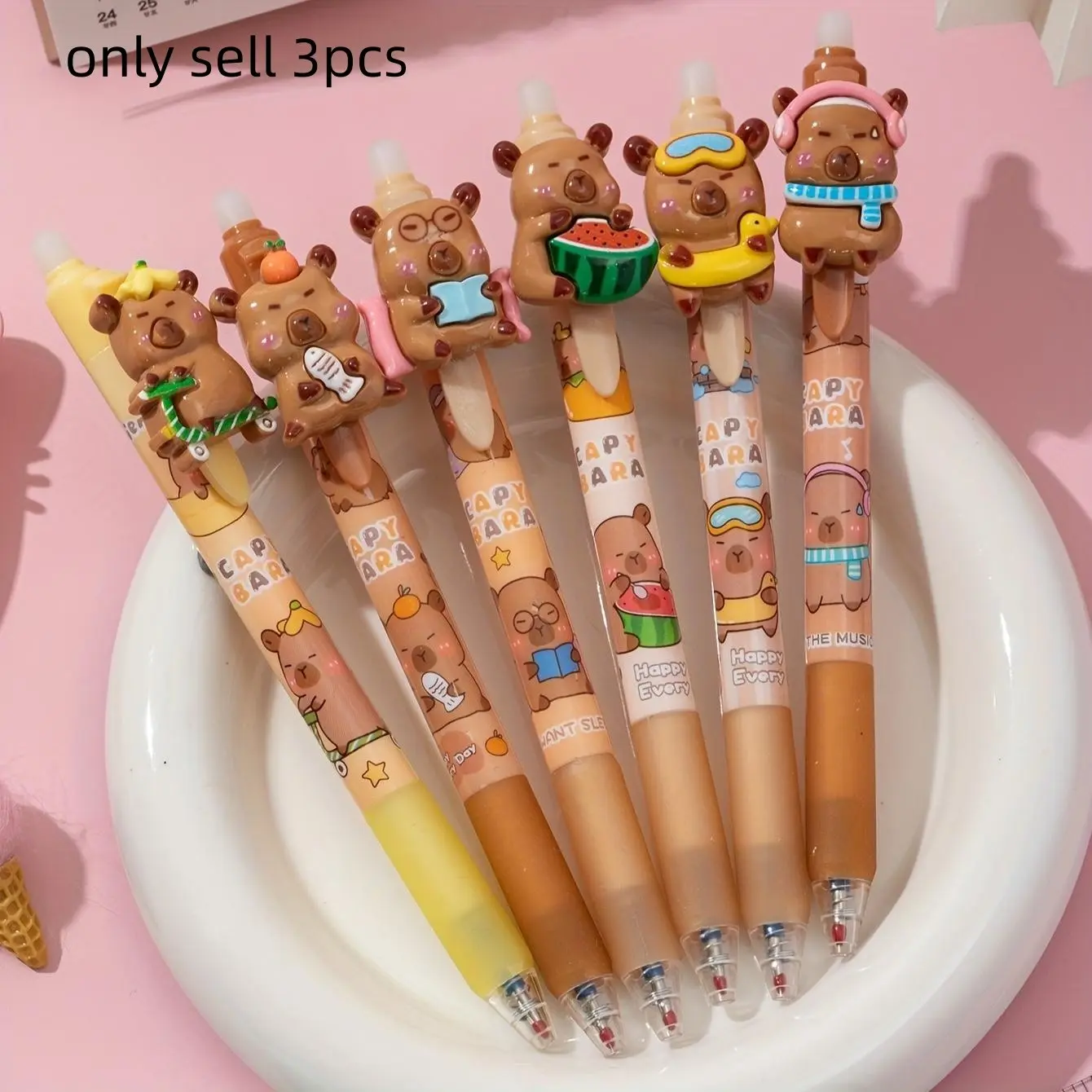 Cute Capybara Design Retractable Gel Pen (3/6 Counts), Rollerball Pen Set, 0.5mm Fine Tip Writing Pen, Cute Journal Pens, Aesthetic Pens, Stationery Supplies for Students, Office Workers, Animal Lovers, Ballpen Set, Retractable Fine Point