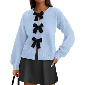 PrettyGarden Womens' Velvet Bow tie Button Down Cardigan Sweaters Fall Fashion Front Long Sleeve Knit Sweater Tops Cute Winter Clothes