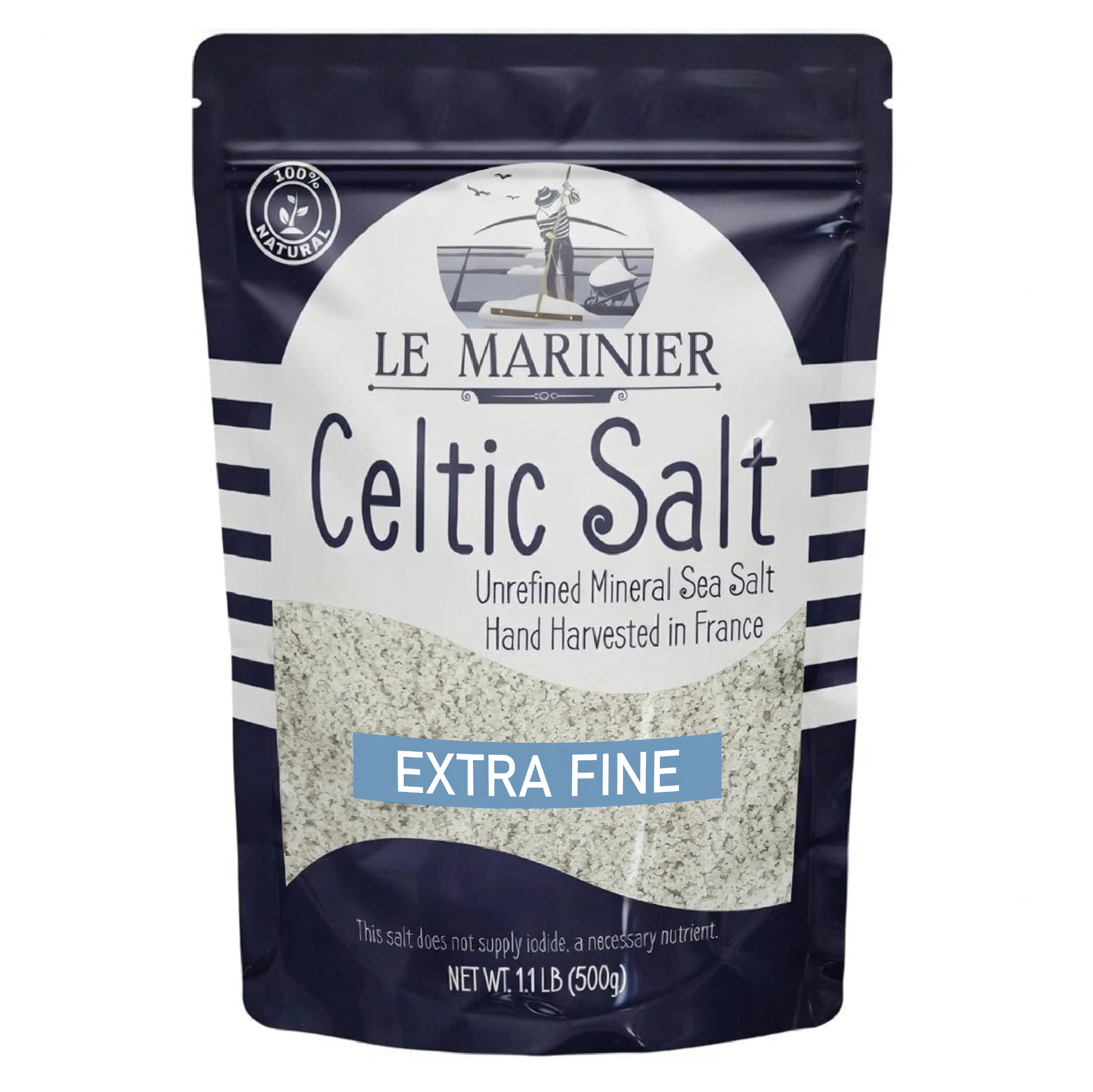 Le Marinier Celtic Salt Extra Fine 1.1lb Unrefined Sea Salt 100% Natural Hand Harvested Light Grey Electrolyte Flavor - Savory