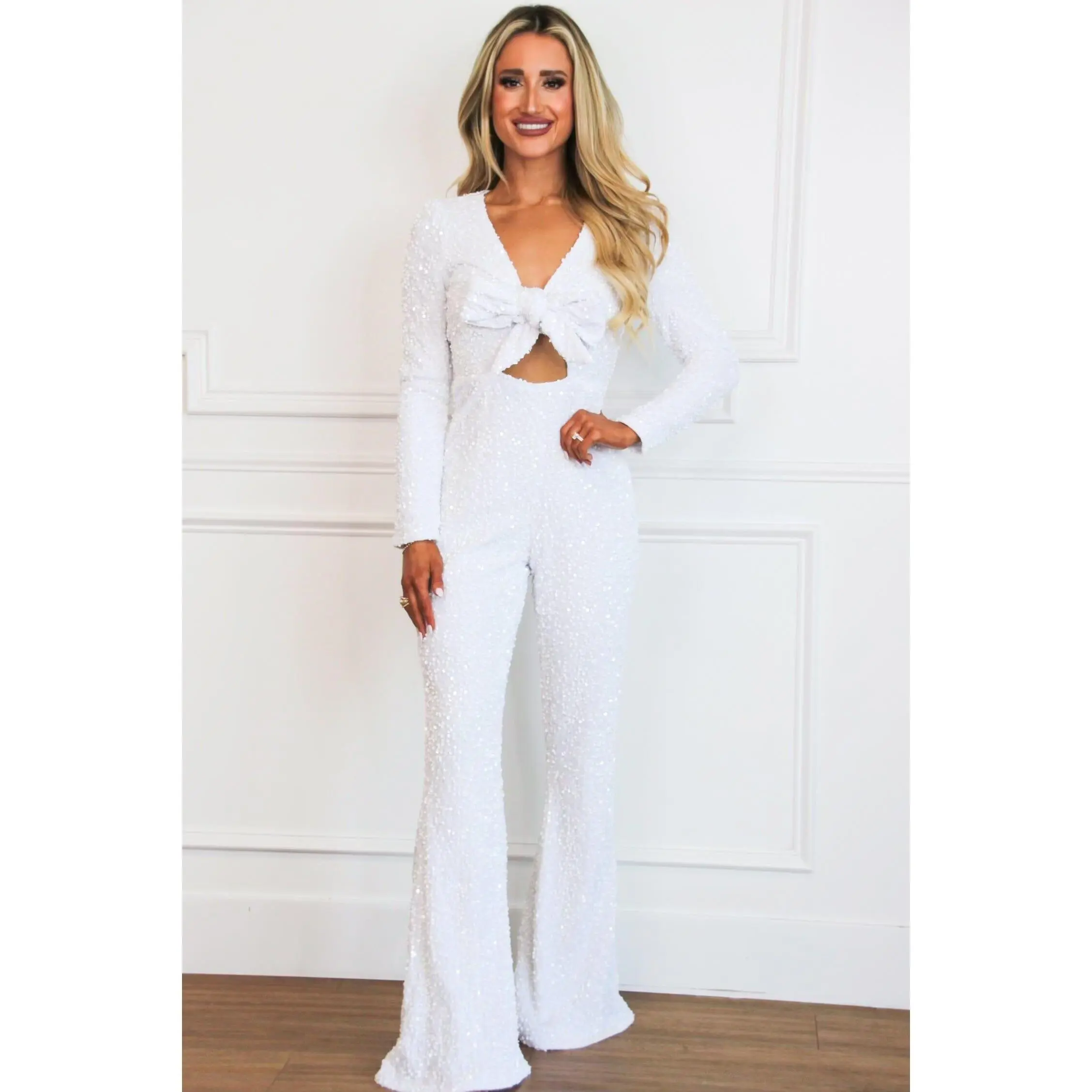 Meet Me There Sequin Tie Jumpsuit: Winter White