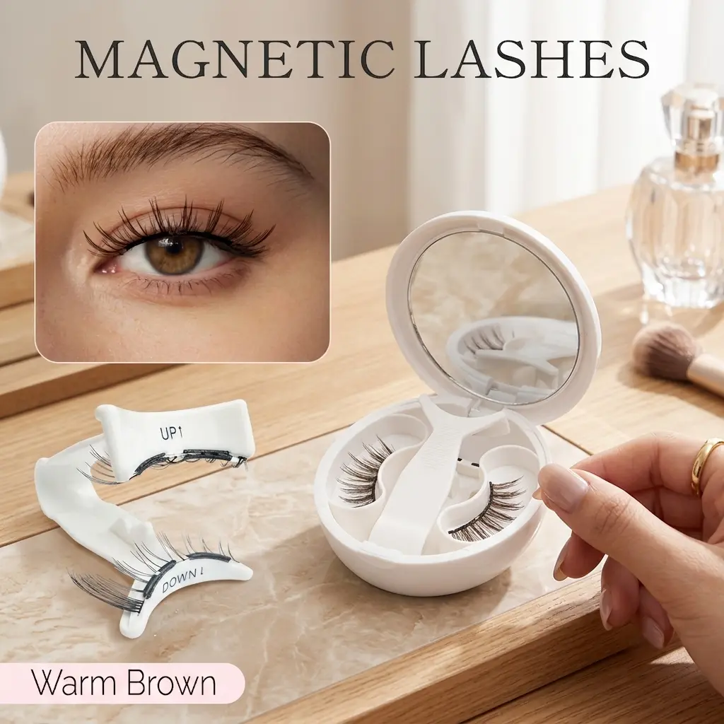Warm Soft Brown Magnetic Eyelashes with Applicator & Lash Fixer Kit, 4PCS Glue-Free V-Shape Brown Magnetic Lashes without Eyeliner, Waterproof Lightweight Reusable Lashes