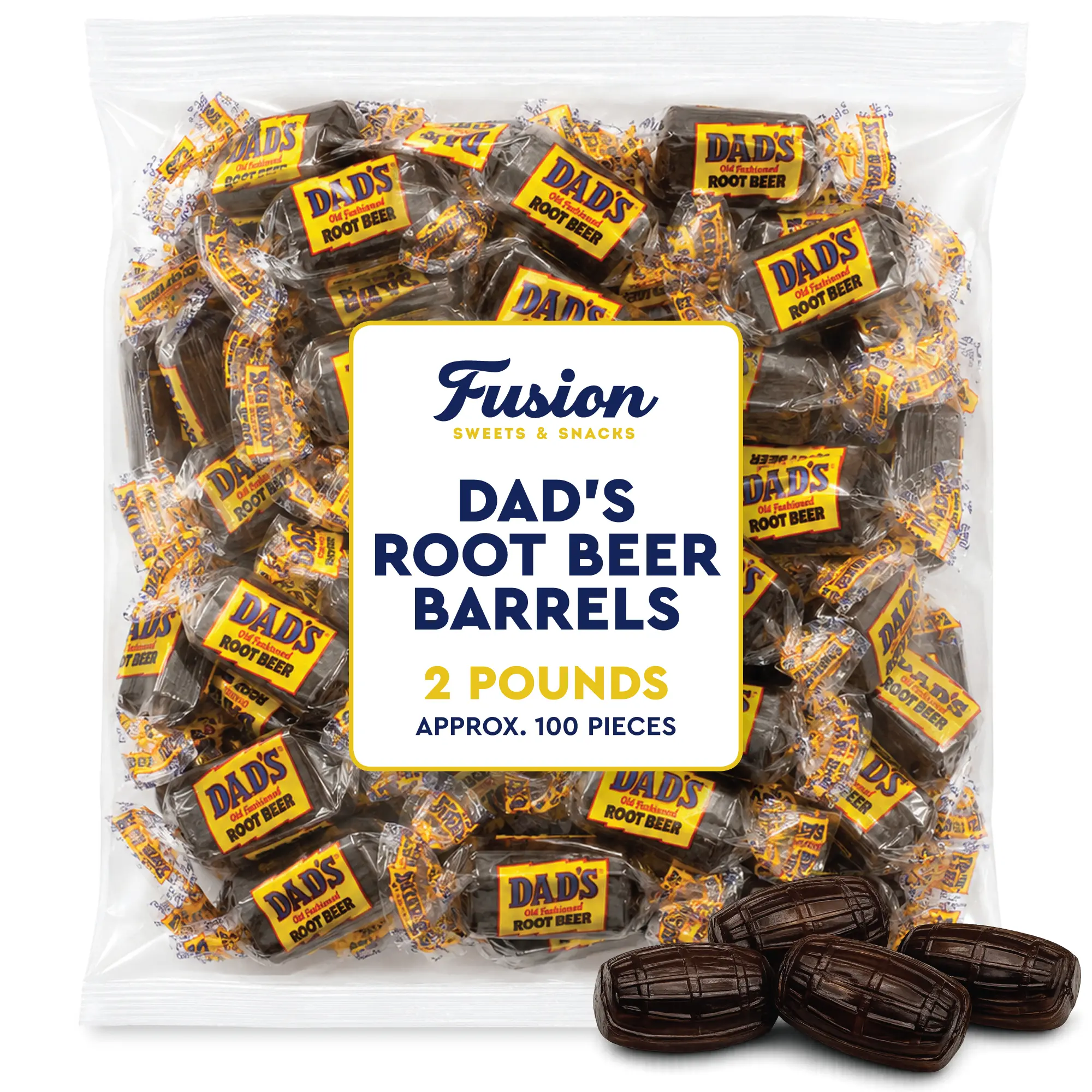 Fusion Sweets and Snacks Dad's Root Beer Barrels Boiled & Hard Candy - 2 lbs Bulk Bag (Approx 100 Count) - Old Fashioned, Individually Wrapped Sweet Snack, Bite-Sized, Dairy Free, Cupboard-Storable Treat with Yellow 6