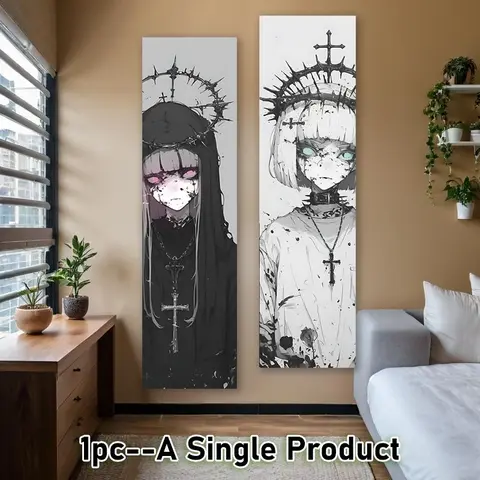 Gothic Anime Girl Vertical Banner Tapestry, Decoration, Wall Hanging Dark Aesthetic Long Narrow Wall Tapestry Teal Eyes Aesthetic Art Tapestries Ideal Gifts for Home Decor Enthusiasts Polyester Stitched Edges Home Decor