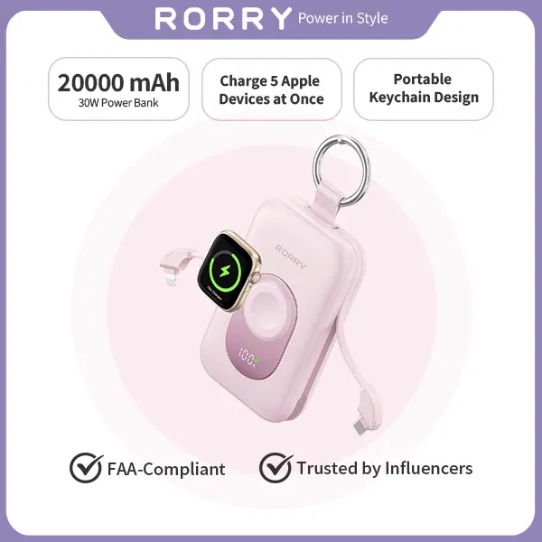 RORRY CharmGo 20000mAh Portable Power Bank with Built-in Cables & Keychain – 30W PD Fast Charging for iPhone Apple Watch & Android   Giftideas