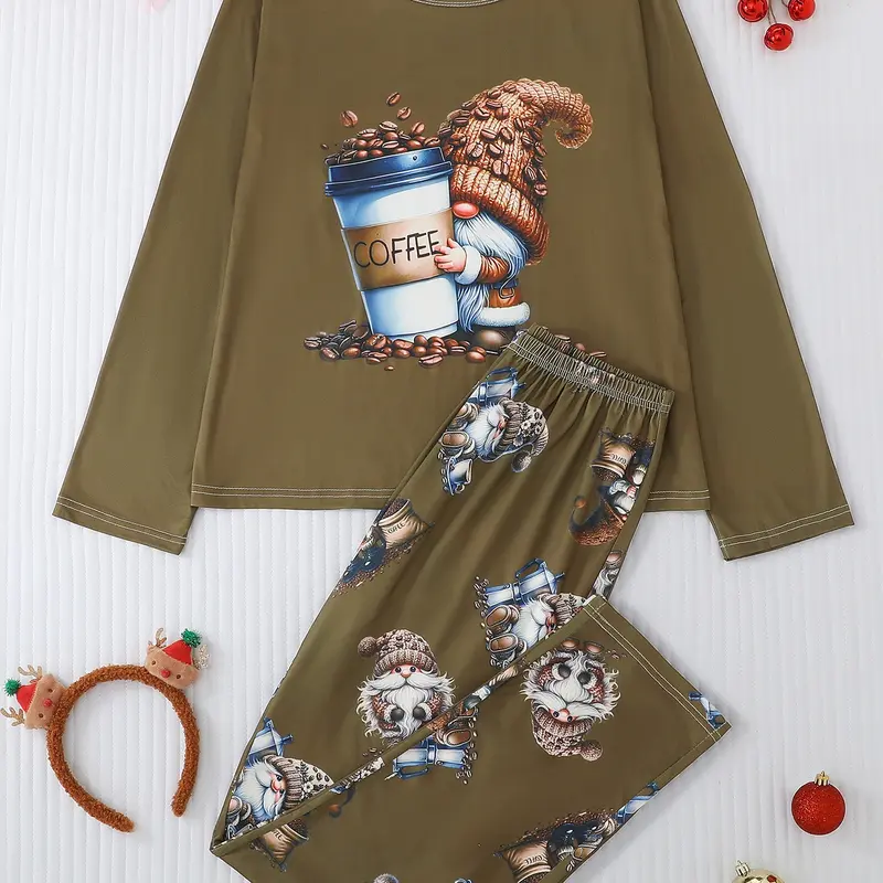 Women's 2-Piece Pajama Set Pjs Loungewear, Casual Round Neck Long Sleeve Top & Elastic Pants, Cartoon Print, All-Season Comfortable Sleepwear