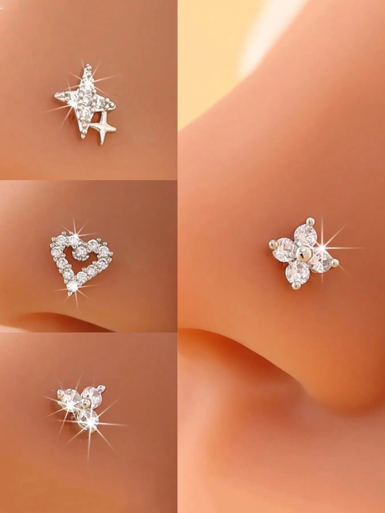 4pcs Heart, Star, Clover Nose Studs with Synthetic Zirconia, Sparkling Finish, Casual Stainless Steel Piercing Jewelry, High Quality Jewelry, Ideal for Daily Wear, All Seasons and Gifts, Piercings Jewelry