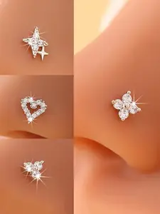 4pcs Heart, Star, Clover Nose Studs with Synthetic Zirconia, Sparkling Finish, Casual Stainless Steel Piercing Jewelry, High Quality Jewelry, Ideal for Daily Wear, All Seasons and Gifts