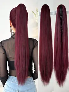 Claw Ponytail Extension Long Straight Hair 24-26 inch Heat Resistant Fiber Synthetic Hairpiece wine red