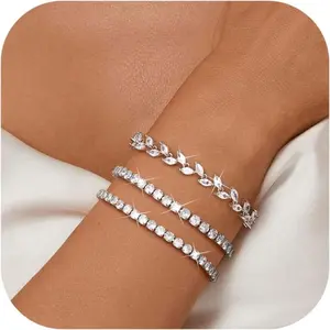 CASSIECA 3Pcs Tennis Bracelets For Women - Silver Plated Bracelet Stack Cubic Zirconia CZ Diamond Adjustable Stackable Bracelets Set For Prom Wedding Jewelry Gift