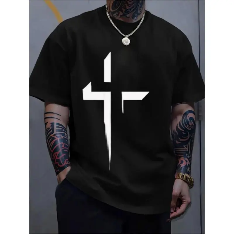 Men's All-Season Pure Cotton Crew Neck T-Shirt, with Patterned Cross Print - Casual Style, Short Sleeve, Regular Fit, Lightweight Stretch Fabric, Suitable for Daily and Weekend Wear, Four Seasons Clothing |      boutique tees,printed tee,Casual Street tee