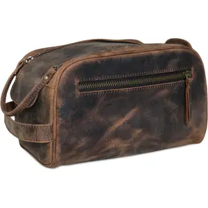 Buffalo Leather Dopp Kit Toiletry Bag - Rustic  Style Travel Organizer with Zipper Closure - Leather Shaving Bag for Men & Women and Spacious with Easy Carry Handle