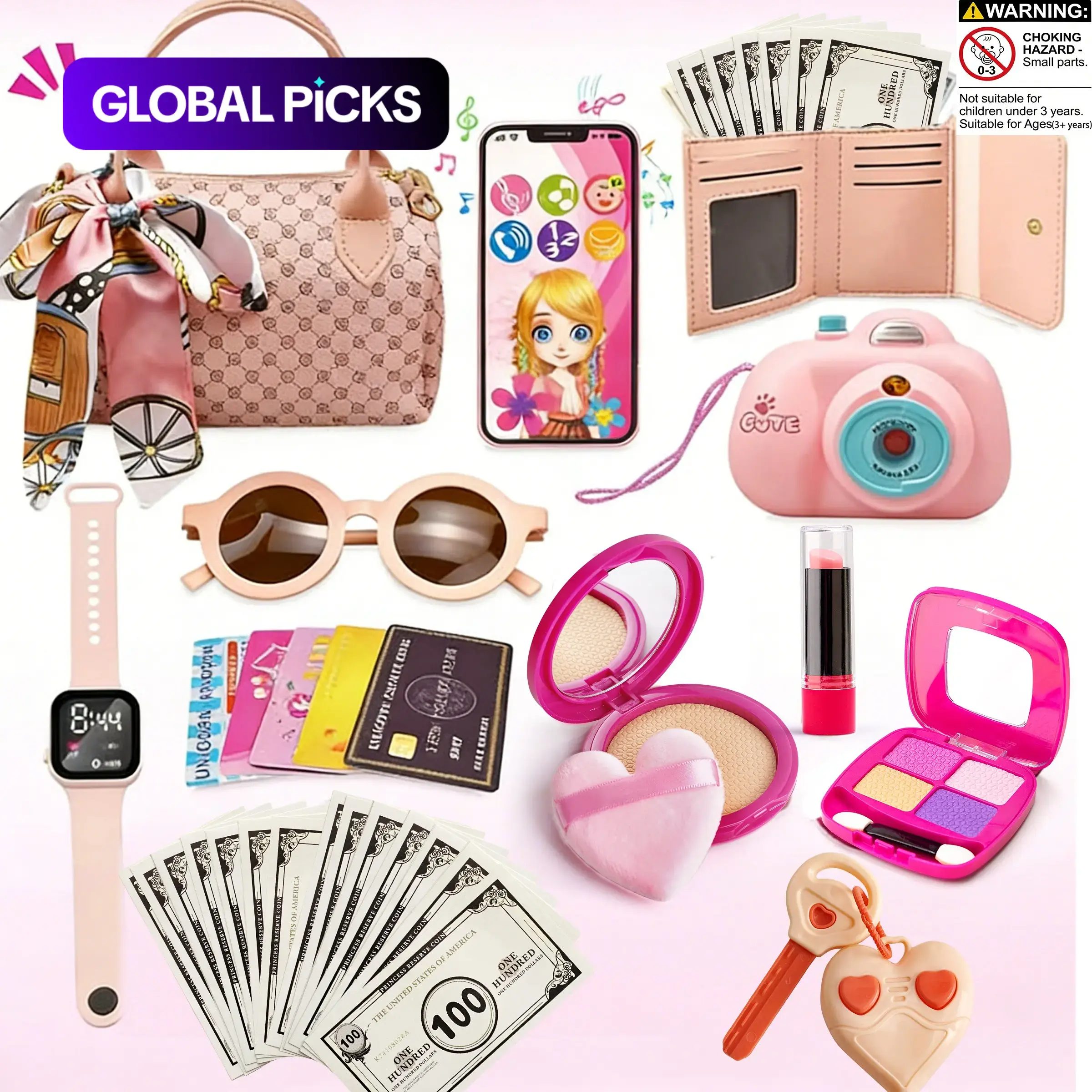 Children's Jewelry Toys Set, 32-Piece Pretend Play Costume Accessories Pretend Playset, Includes Handbag, Glasses, Camera, Phone, Watch, Scarf & Wallet, for Girls Ages 3-6+ #GLOBAL PICKS