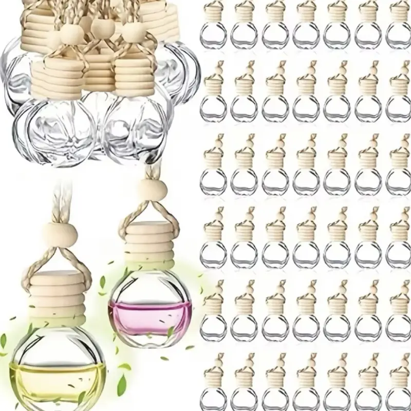 100pcs Empty Round Shape Glass Diffuser Bottles (0.34oz) - Refillable Car Air Freshener Empty Bottles, Auto Interior Accessories for Essential Oils, Home Fragrance with Rope, Empty Bottle