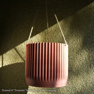 Mid Century Ribbed Hanging Plant Pot, Planter with Excellent Drainage, Multiple Sizes and Colors, Indoor or Outdoor