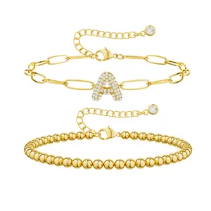 TEWIKY Initial CZ Bubble Bracelets For Women Trendy A-Z Beaded Bubble Letter Bracelet Adjustable Paperclip Chain Bracelets For Valentine's Day gifts