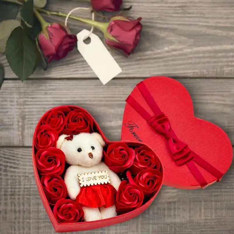 Artificial Rose Themed Gift Box, Ideal For Gifting, Wedding, Festival, Proposal Decorations, Heart Shaped Rose Box with Bear Doll, Gift for Girlfriend, Engagement Gifts, Party Supplies for Birthday, Anniversary Present, Christmas Gifts