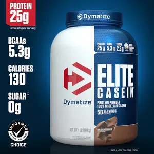 Dymatize Elite Casein Protein Powder, Chocolate, 100% Micellar Casein, 25g Protein, 5.4g BCAAs, 2.3g Leucine, Slow Absorbing for Overnight Muscle Recovery, 4 lb (50 Servings)