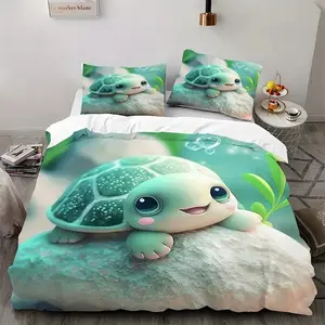 3pcs Turtle Pattern Bedding Set, Soft Polyester Fitted Sheet & Pillowcases, Modern Style, Digital Print, Ideal Gift, Soft Bedding Sets
