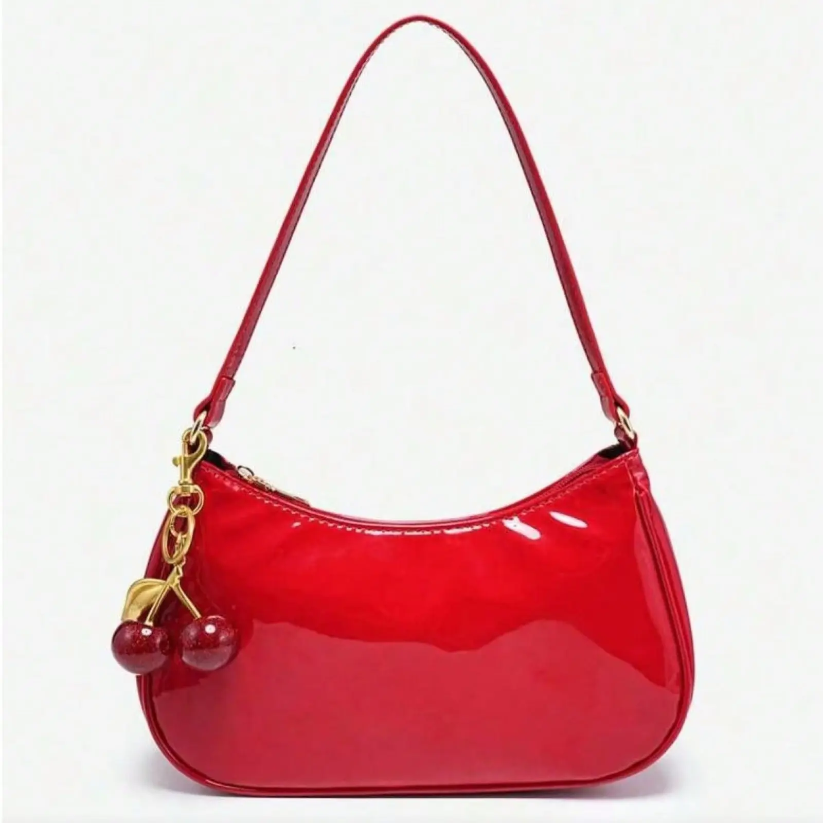 Glossy Patent Leather Red Christmas Decor, Fun Hanging Ornament, Cherry Pendant, Women's Minimalist One Shoulder Bag, Zipper Closure, Retro Style, Underarm Bag, Prurse Clutch Suitable for Multiple Occasions