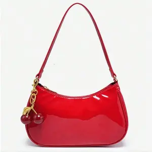 Glossy Patent Leather Red Christmas Decor, Fun Hanging Ornament, Cherry Pendant, Women's Minimalist One Shoulder Bag, Zipper Closure, Retro Style, Underarm Bag, Prurse Clutch Suitable for Multiple Occasions