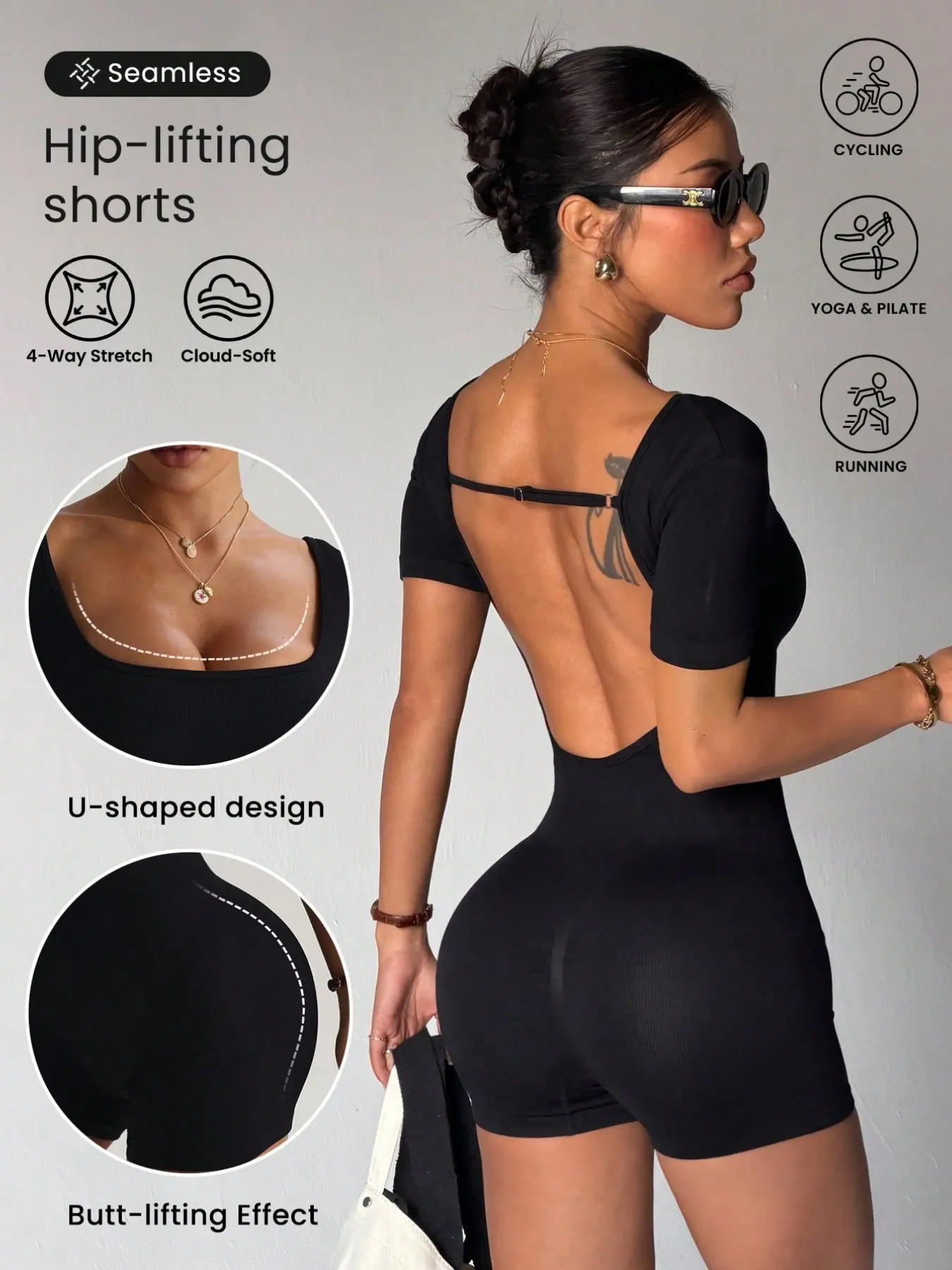 Women's Sporty Romper, Seamless Romper, Yoga Romper, Sports Romper, Workout Apparel, No Bra Padding, Backless Short Shorts, Slim-Fitting, Plain Pattern, Ideal for Fitness and Daily Wear