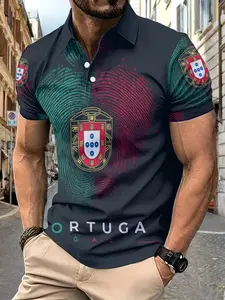Men's Polyester Shirt, Portugal National Team Design, Sporty Casual Wear, Lightweight Durable, Deep Blue with Accents