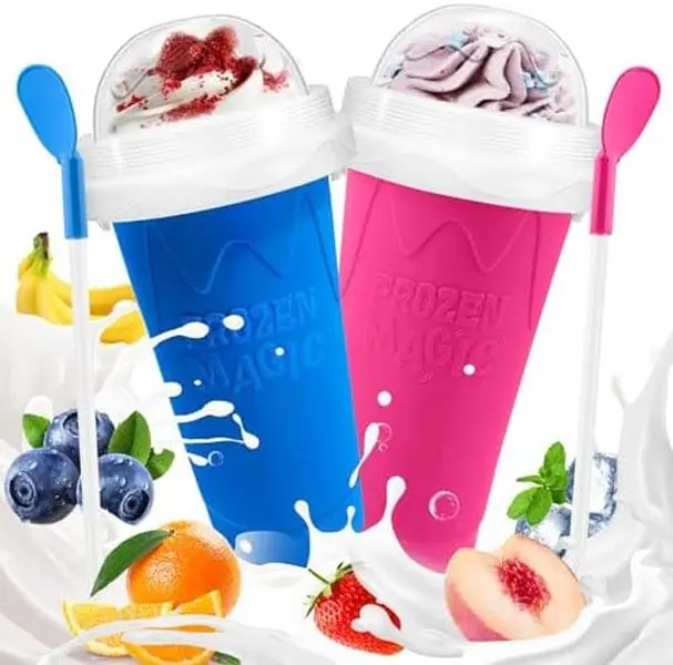 Slushie Cup 2-Pack, Frozen Magic Squeeze Cups for Juice, Milk, Yogurt, Ice Cream, DIY Smoothie Cooling Cups with Lid & Straw for Friends, Family