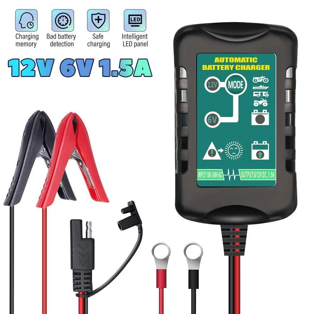 【BackToSchool】6V 12V Car Battery Charger Maintainer Trickle, 1.5A Smart Fully Automatic Battery Charger Maintainer,Float Charger for auto car Motorcycle Lawn Mower Boat Snowmobile Charger for Car, Lawn Mower, Motorcycle, Boat, Marine