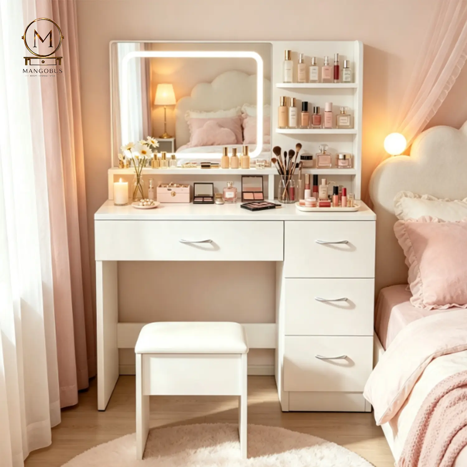 White LED Makeup Vanity Table with Stool, Lighted Mirror, Multi-Storage Drawers, and Hairdryer Rack - Practical  Dressing Desk for Girls bedroom