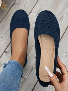 Fashionable Comfortable Low-Top Flat Single Shoes, Round Toe Knit Shoes, Elegant Walking Shoes for All Seasons, Textile Upper, PU Leather Sole