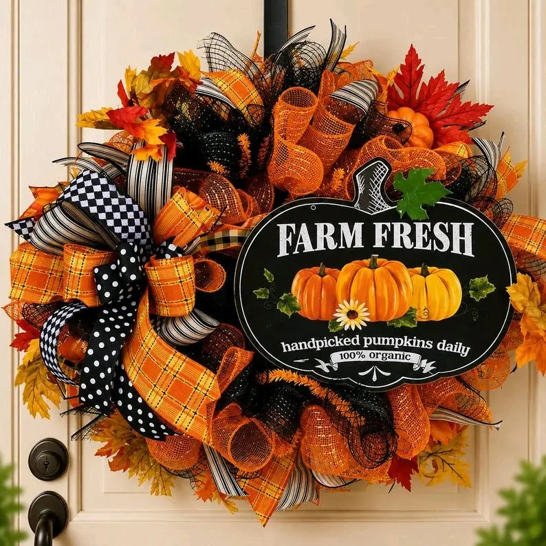 Farm Fresh Pumpkin Wreath, Rustic Fall Farmhouse Door Decor
