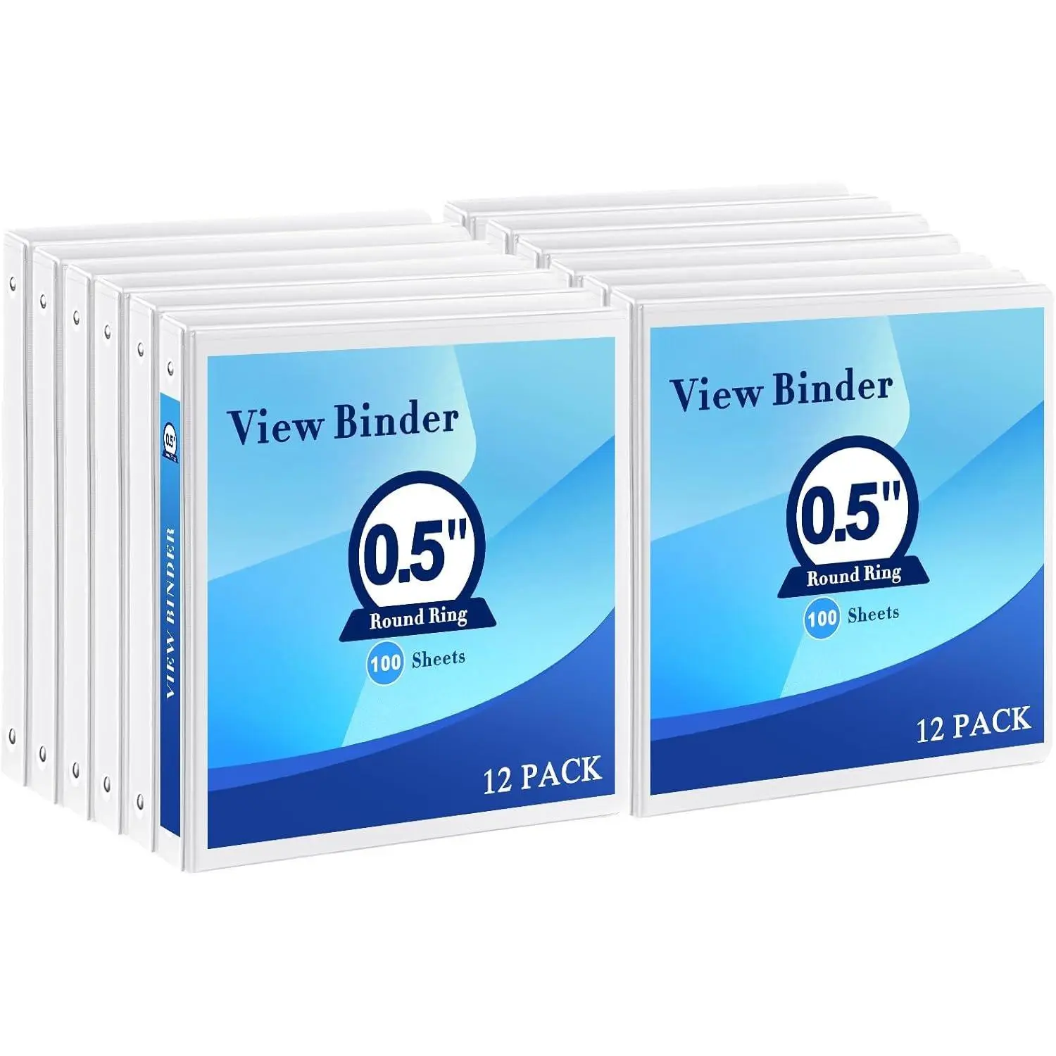 1/2 Inch 3-Ring Binder, 0.5-inch Round Ring Binder with 2 Inside Pockets, 12 Pack White Binders, Clear View CoverBinder Holds 8.5'' x 11''Paper for Office// to School