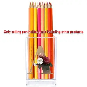 Clear Acrylic Pen Holder, 1 Box Flower & Letter Pattern Square Pen Stationery Makeup Brush Holder, Desktop Pencil Cup, Stationery Organization, Desk Organizer Tidy, Office Desk Accessories