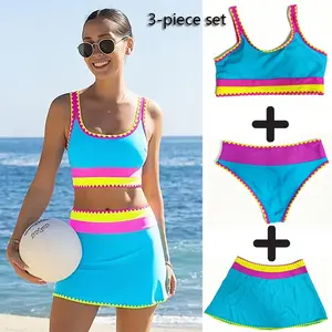 Women's 3-Piece Colorblock Print Bikini Set with Skirts, Beach Ball & Kayak Prints, High-Waist Design, Adjustable Wide Shoulder Straps, Fluorescent Sporty Stretch Fabric, UV400 Protection, Bold Colors for Summer Beach Use