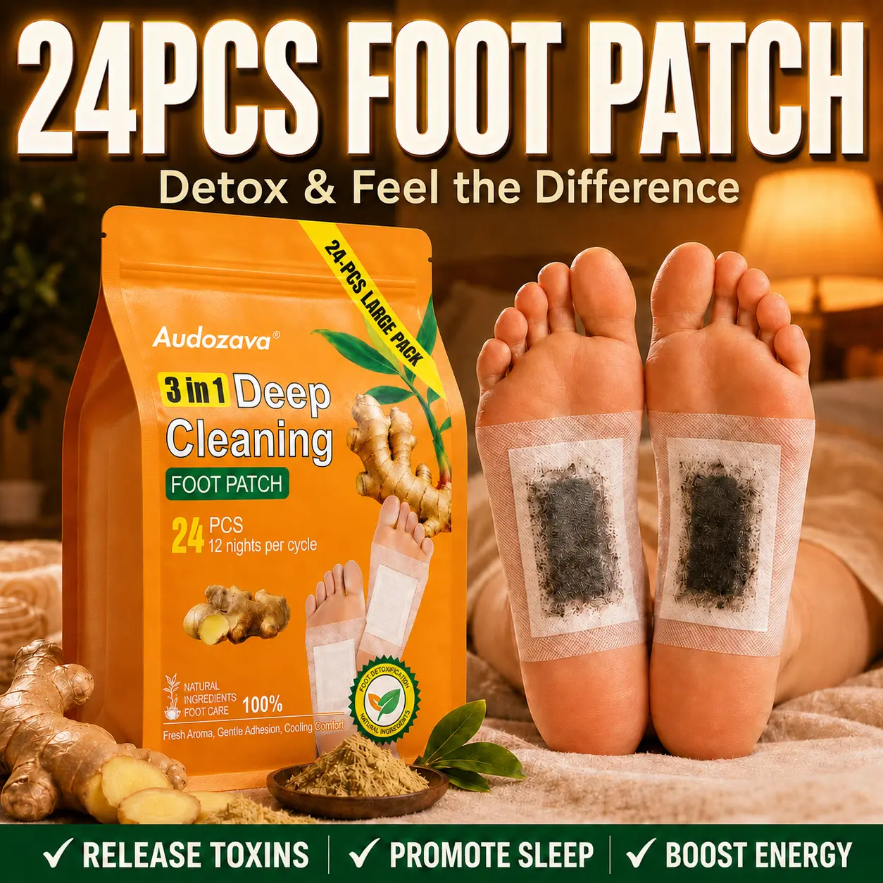 24 Count Deep Cleansing Detox Foot Pads - 3-in-1 Natural Ginger & Bamboo Charcoal Patches, 12 Nights Cycle for Toxin Removal, Stress Relief & Better Sleep Turmeric, Foot Relief, Detox Foot Patch