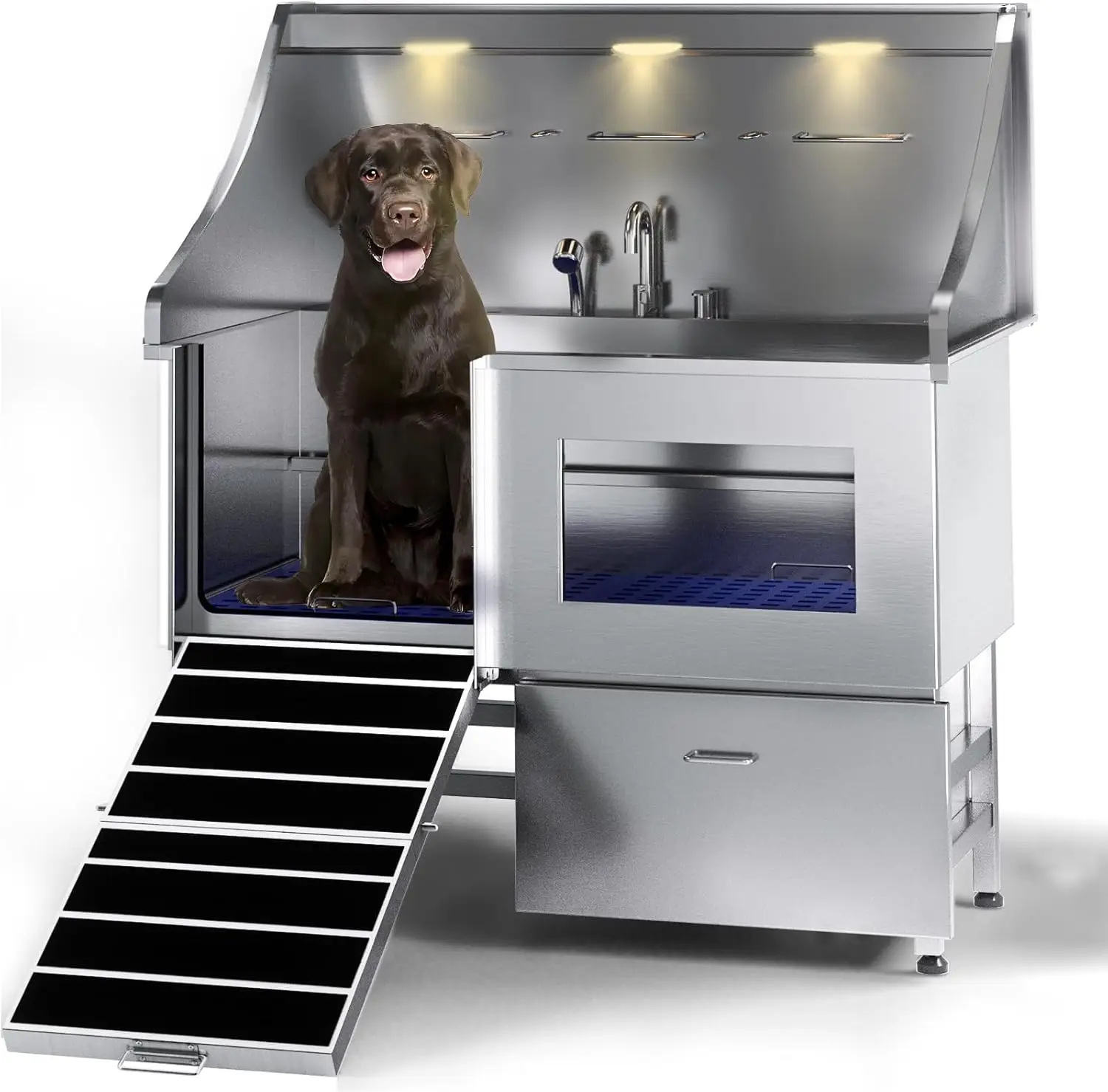 LED Professional Stainless Steel Dog Bathing Station with Window Ramp Drawer Floor Grate Faucet for Large Medium & Small Dogs 50"