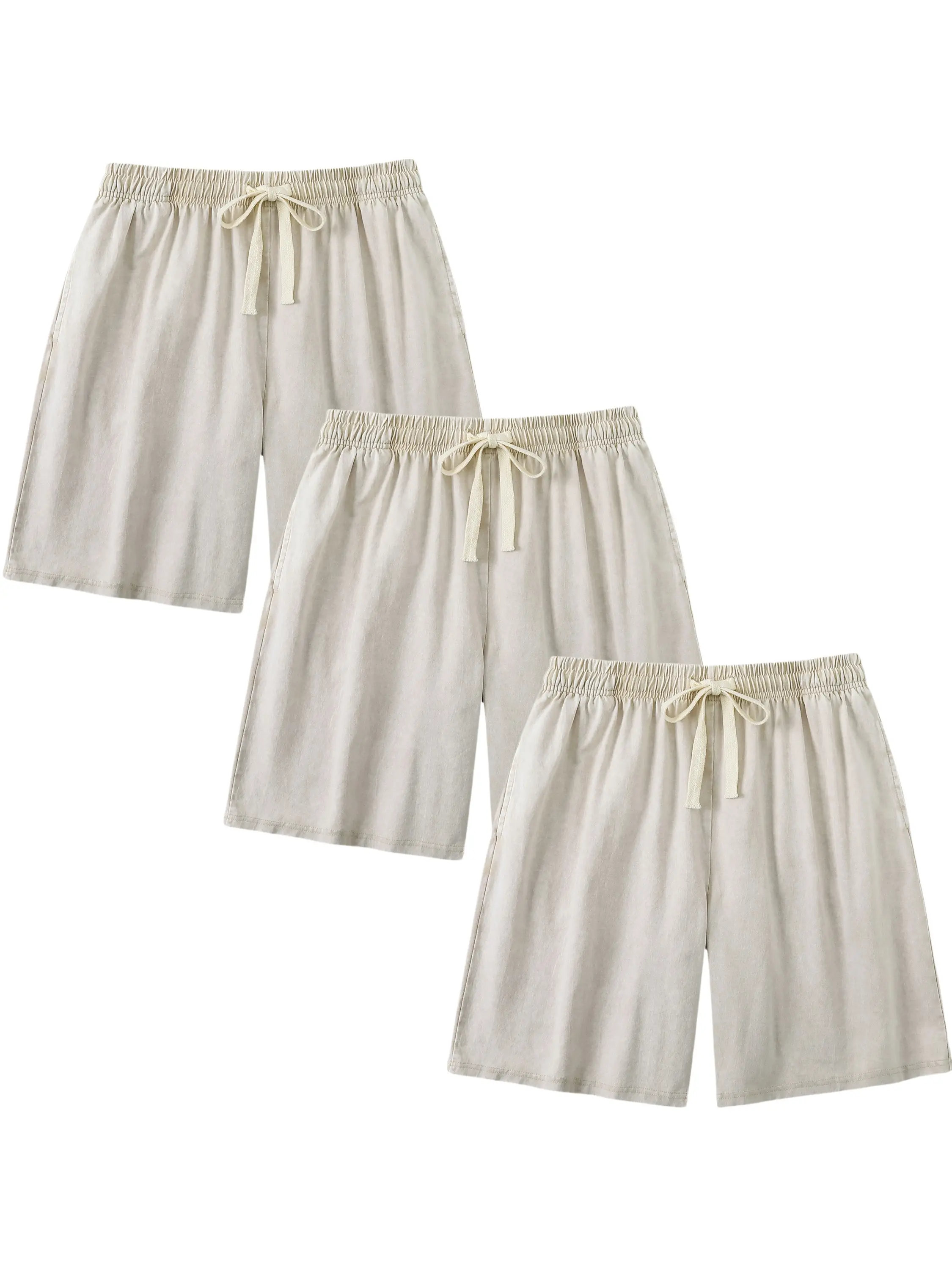 Men's 3-Pack Pure Cotton Retro Plain Comfy Relaxed Fit Drawstring Shorts - Same-Color Value Pack with Pockets, Grey+Apricot+Coffee, Aesthetic Vibe Thanksgiving Easter Watch Party Casual Gym Summer Loungewear Elastic Bottoms