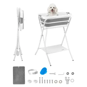 VEVOR Elevated Dog Bathtub, 2-in-1 Collapsible Pet Bathing Grooming Wash Station, Portable Space-Saving Design, Built-in Drain Outlet with Hose for Small Dogs, Puppies & Cats, Gray & White, Puppy