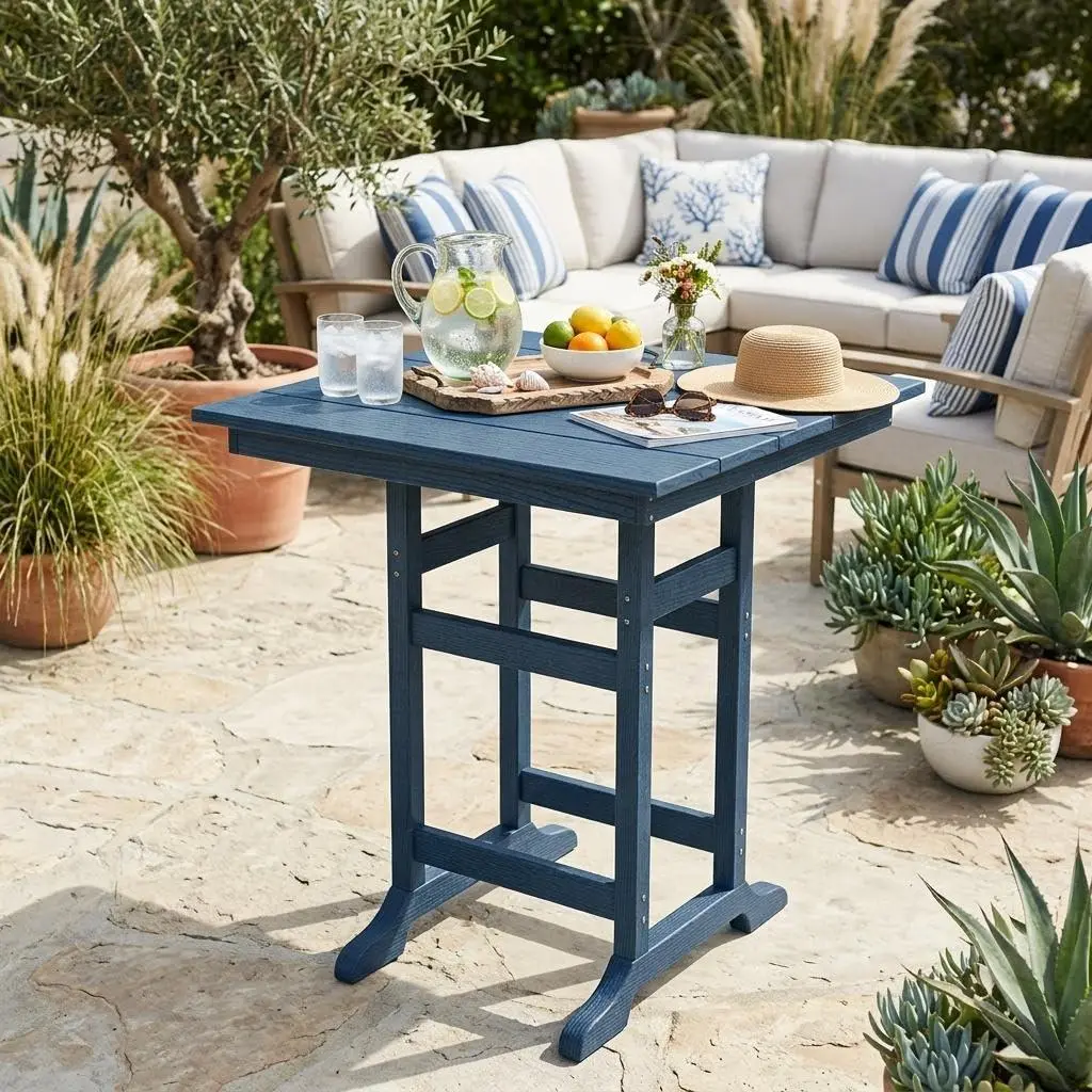 GARVEE Adirondack Square Top Outdoor Bar Table, 31.5 in Bar Height HDPE Plastic Patio Table with Umbrella Hole, All-Weather 300 LBS Capacity for Deck, Cafe, Navy Blue