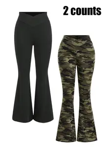 Women's Camo Slim-Fit Flare baggy Knit leggings, Cross Waistband, High-Waisted Comfortable Casual Trousers, Fashionable Daily Wear, Camouflage, Pack of 2, Pants, Womenswear, Camouflage Print Pants