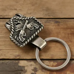 Handmade Double Revolver Western Keychain – Vintage Cowboy Gun Key Holder, Texas-Inspired Bag Charm & Car Key Accessory Gift for Men & Women Cow Tag