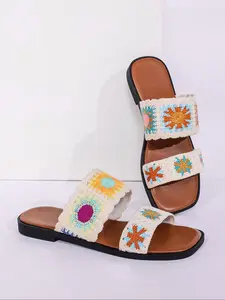 Women's Sunflower Embroidery Slip on Sandals, Boho Style Flat Sandals for Beach Vacation, Fashionable Shoes for Daily Wear, Girl, Fashionable Slide Sandals, Crochet Slides