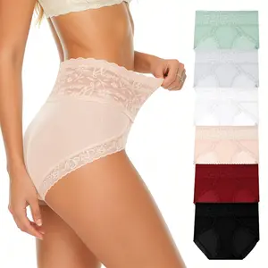 QUASTI 6PCS Women's High-Waisted Lace Seamless Printed Briefs, Breathable Stretch Full Coverage Panties, Elegant Comfort Everyday Lingerie Set, S-XXL Womenswear Breathable