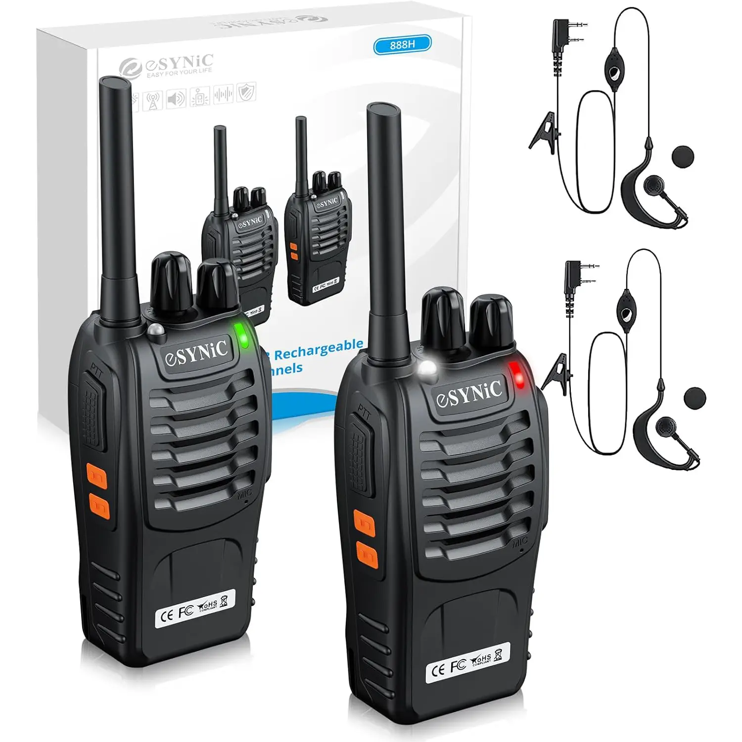 eSynic 2Pcs Professional 2 Way Radio Walkie Talkies Portable Adult Walkie Talkies Rechargeable Support 16 Channel VOX Function with Original Earpieces Perfect for Daily Use Audio Communication